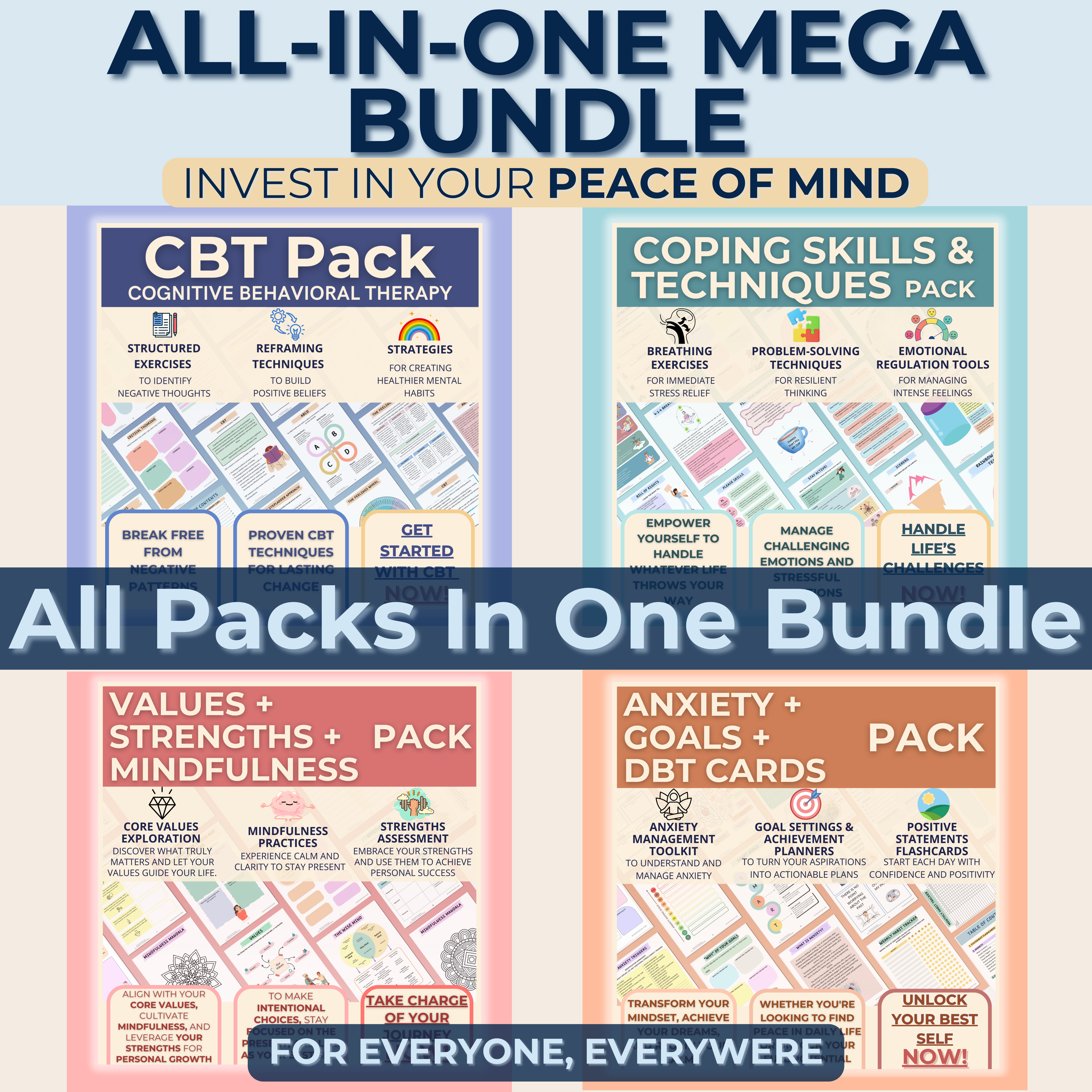 ALL-IN-ONE MEGA BUNDLE: ALL PACKS IN ONE BUNDLE | Psychology Resources, Values, Goals, Coping & Skills, Anxiety, DBT, CBT, Mindfullness, Strenghts